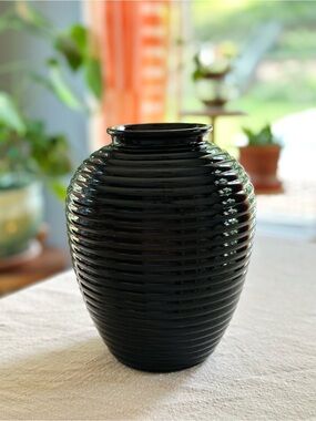 Vintage Art Deco Black Glass Beehive Vase
